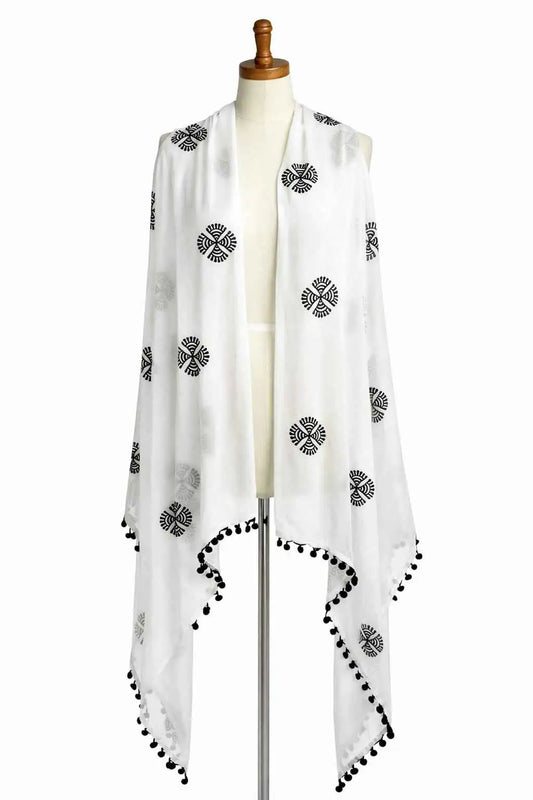 Marjeena white embroidered dupatta with colorful pom-pom borders, perfect for festive ethnic wear.