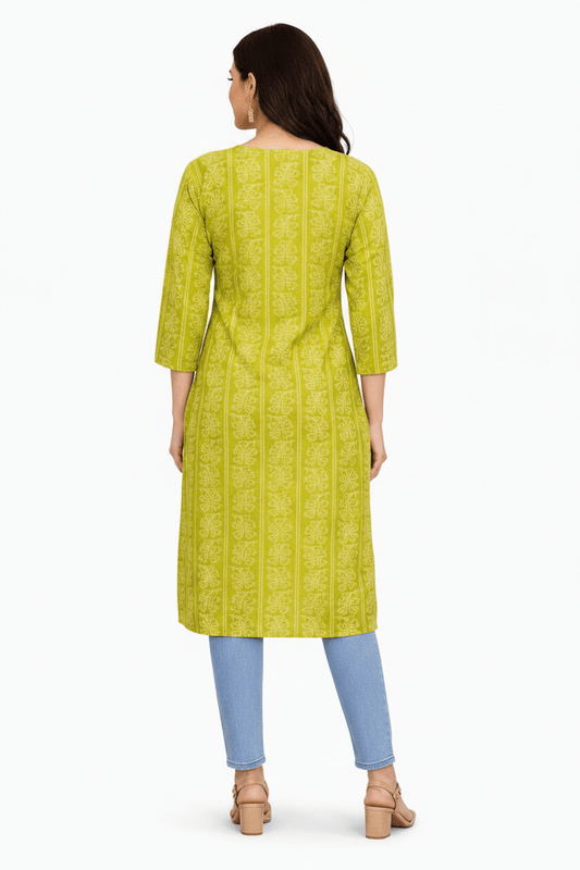 Marjeena women's lime green ethnic printed straight cotton kurti with traditional design and vibrant color.