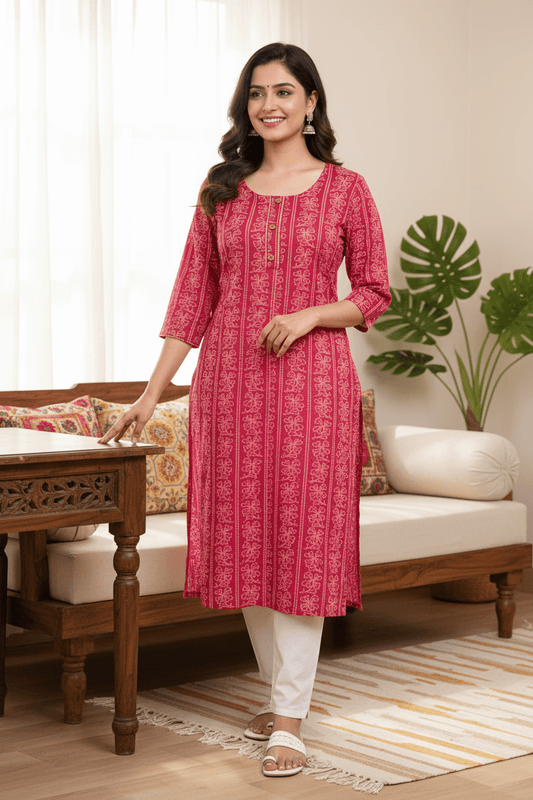 Marjeena women's magenta ethnic printed straight cotton kurti with traditional design and comfortable fit.