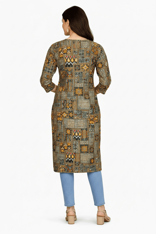 Marjeena women's cotton kurti with olive and brown geometric abstract print, featuring a stylish and comfortable design.