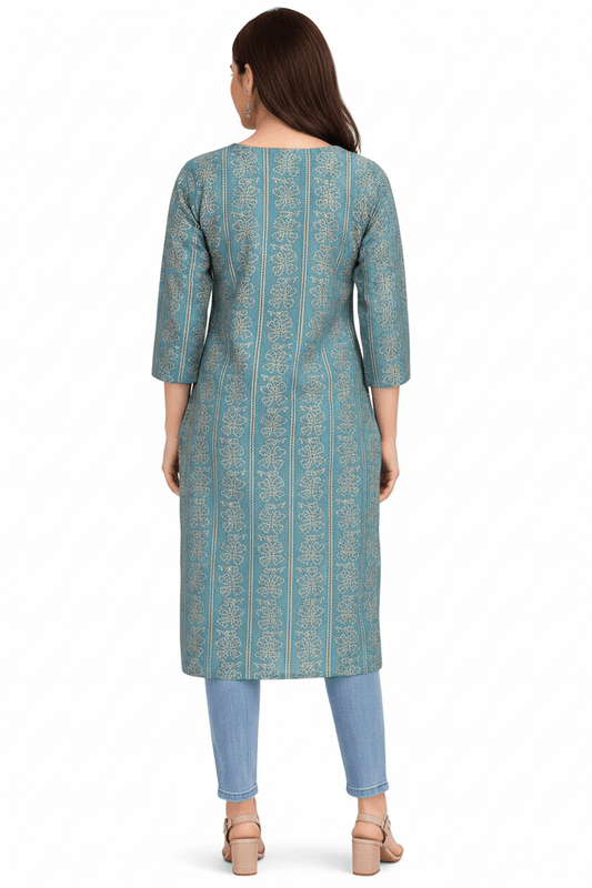 Marjeena women's teal blue ethnic printed straight cotton kurti, showcasing traditional design and comfortable fit.