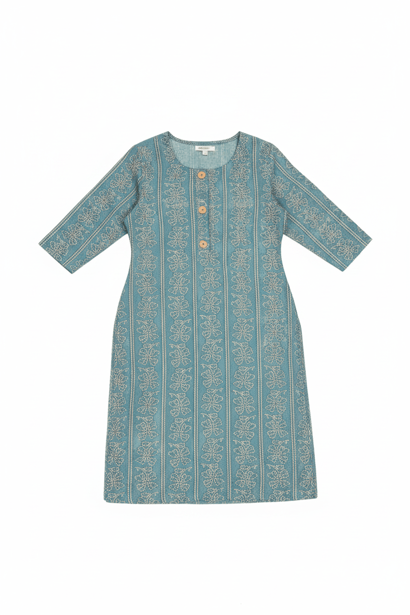 Marjeena women's teal blue ethnic printed straight cotton Kurti with intricate traditional patterns and comfortable fit.