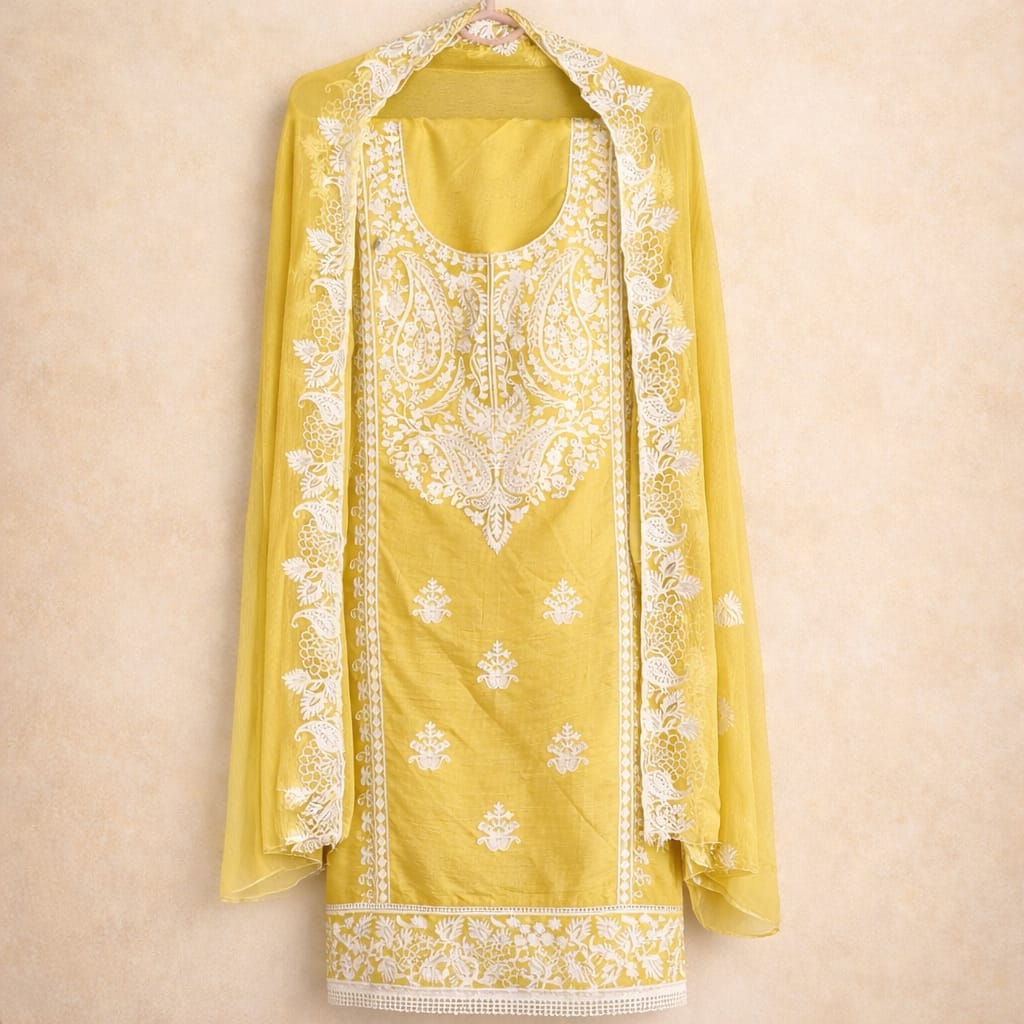 Mustard yellow Marjeena Lucknowi Chikankari unstitched suit set with paisley embroidery, fabric details visible in the image.