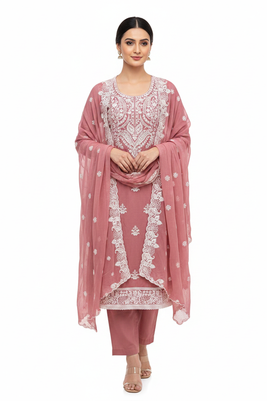 Pink onion-colored Marjeena unstitched dress material with intricate Chikankari and Lucknowi paisley embroidery.