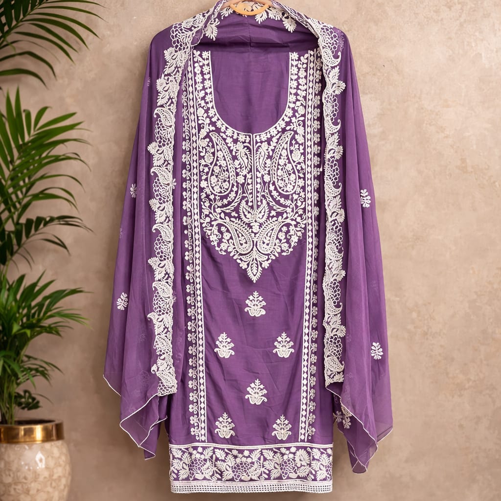 Purple Marjeena Chikankari Lucknowi Paisley embroidered unstitched suit set with intricate hand embroidery and traditional design.