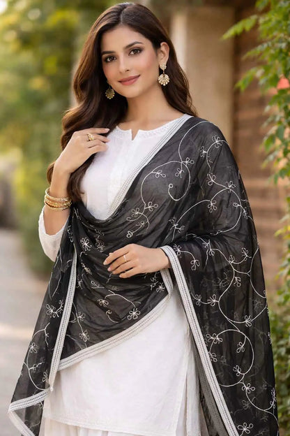 Black embroidered sheer dupatta by Marjeena featuring intricate embroidery and lightweight, elegant ethnic accessory design.