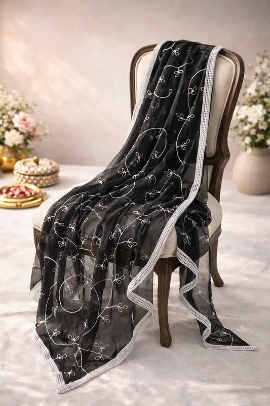 Marjeena black embroidered sheer dupatta with intricate embroidery, lightweight ethnic accessory for traditional outfits.