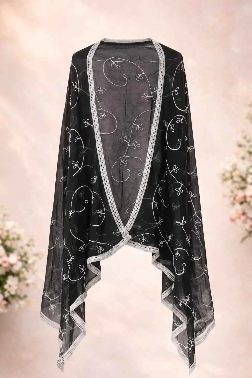 Marjeena black embroidered sheer dupatta with intricate embroidery, lightweight ethnic accessory for traditional outfits.