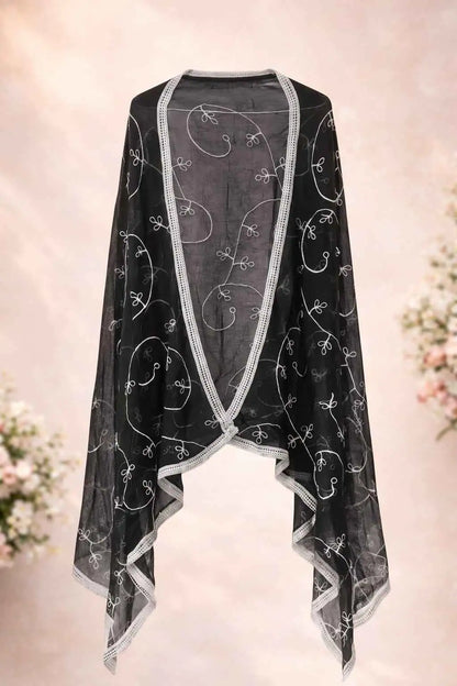 Marjeena black embroidered sheer dupatta with intricate embroidery, lightweight ethnic accessory for traditional outfits.