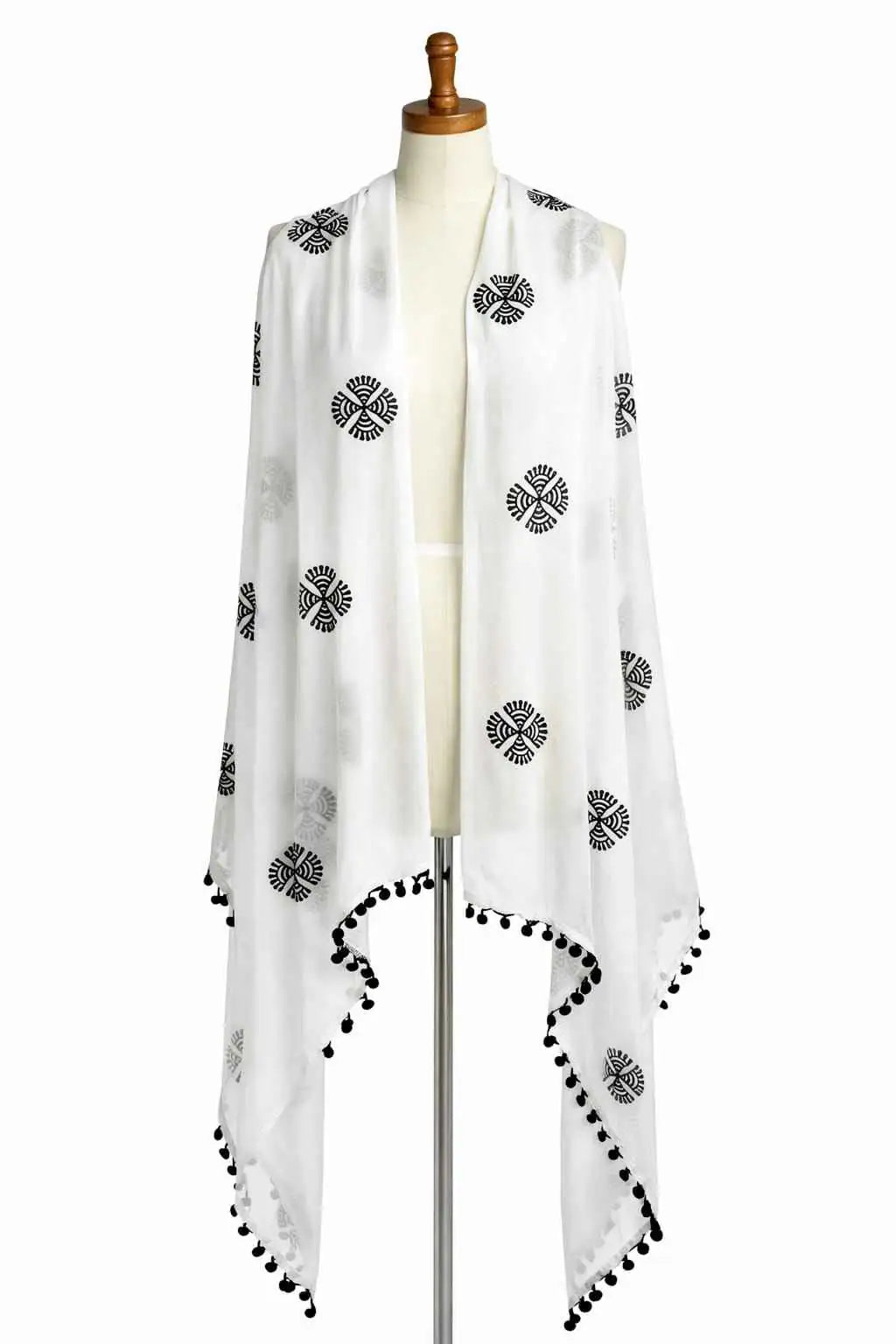Marjeena white embroidered dupatta with colorful pom-pom borders, perfect for festive ethnic wear.