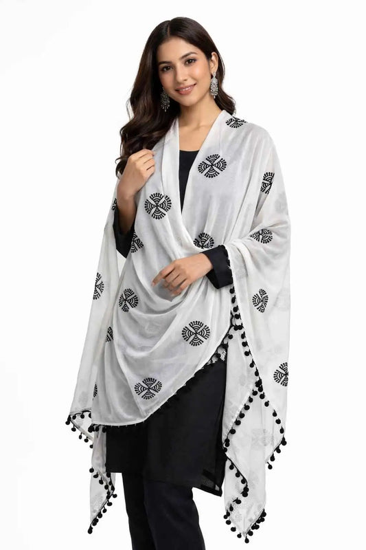 White embroidered dupatta with pom-pom border from Marjeena, a festive ethnic accessory perfect for traditional celebrations.