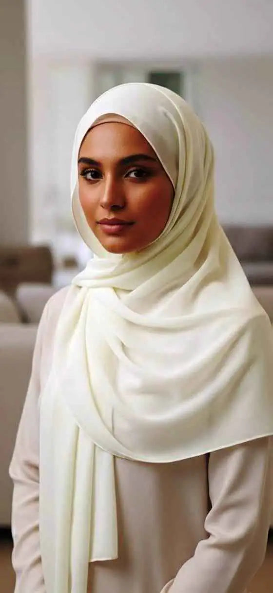 Marjeena off-white premium georgette hijab, soft and lightweight, perfect for everyday wear, stylish and comfortable hijab by Marjeena