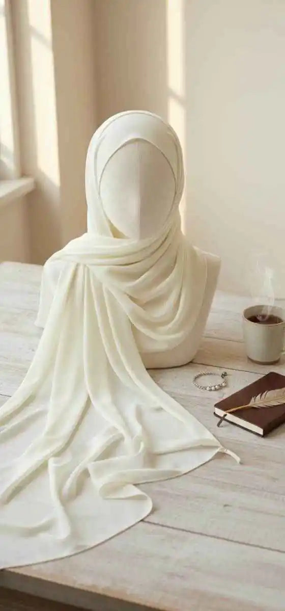 Marjeena off-white premium georgette hijab with soft, lightweight fabric for everyday wear.