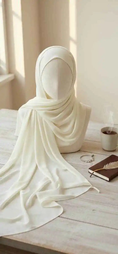 Marjeena off-white premium georgette hijab with soft, lightweight fabric for everyday wear.