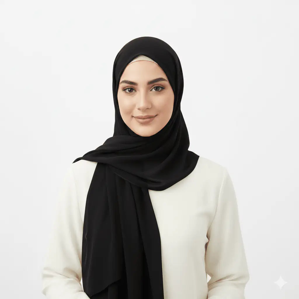 Marjeena Black Premium Jersey Hijab, soft and comfortable black scarf made of premium jersey fabric, stylish and versatile head covering.