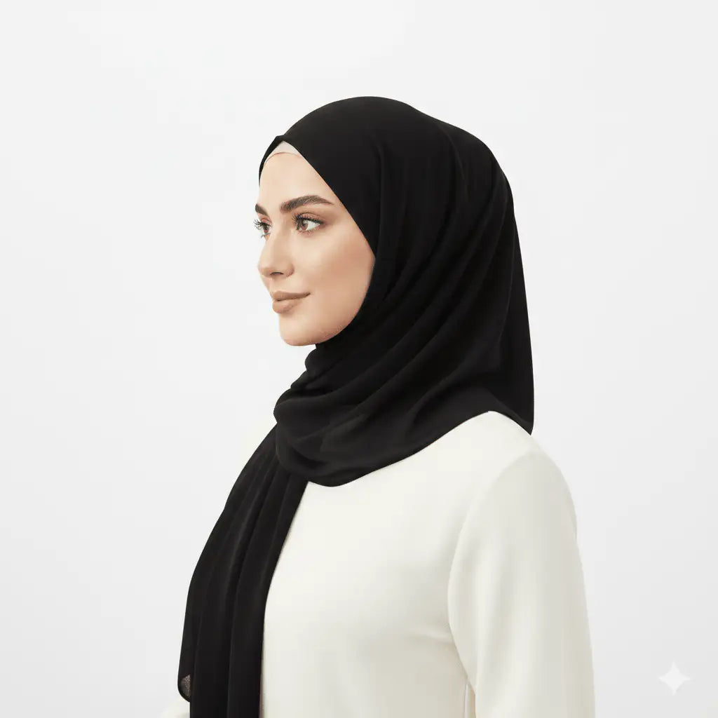 Marjeena black premium jersey hijab, soft and comfortable scarf, shown draped on a model for a stylish, modest look.
