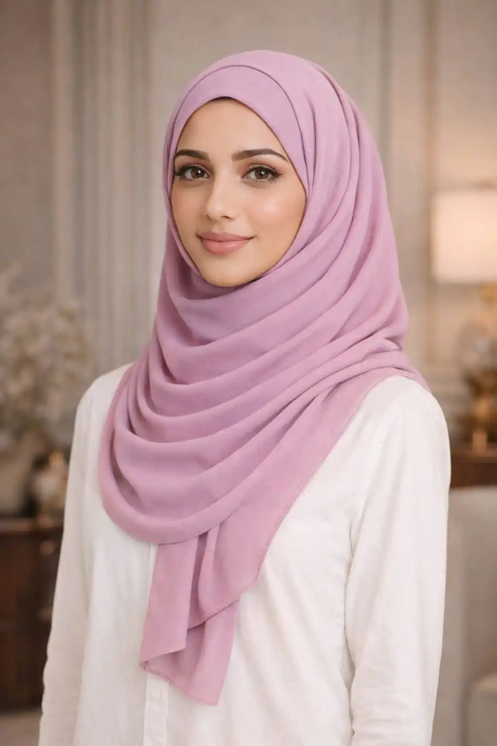 Deep pink Marjeena premium jersey hijab, soft and comfortable scarf with a smooth texture, styled casually in the image.