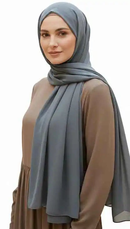 Marjeena grey premium jersey hijab draped on a mannequin, showcasing soft fabric and elegant style.