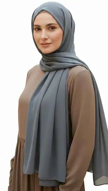 Marjeena grey premium jersey hijab draped on a mannequin, showcasing soft fabric and elegant style.