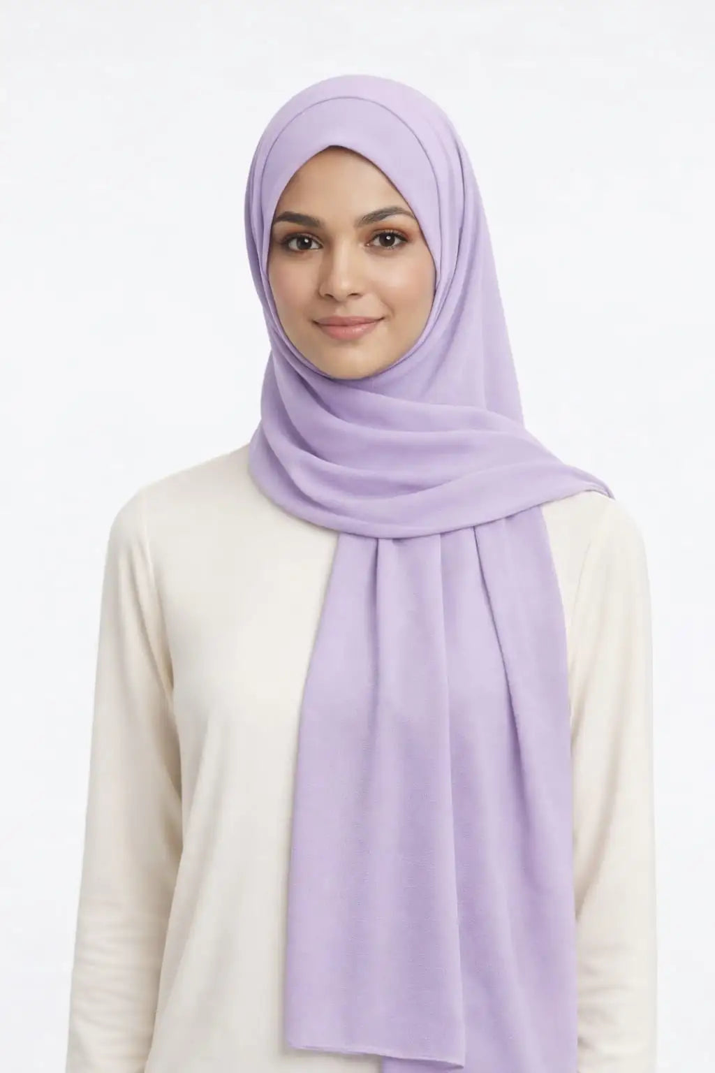 Lavender Marjeena Premium Jersey Hijab, soft and lightweight scarf, styled in smooth fabric with a gentle drape.