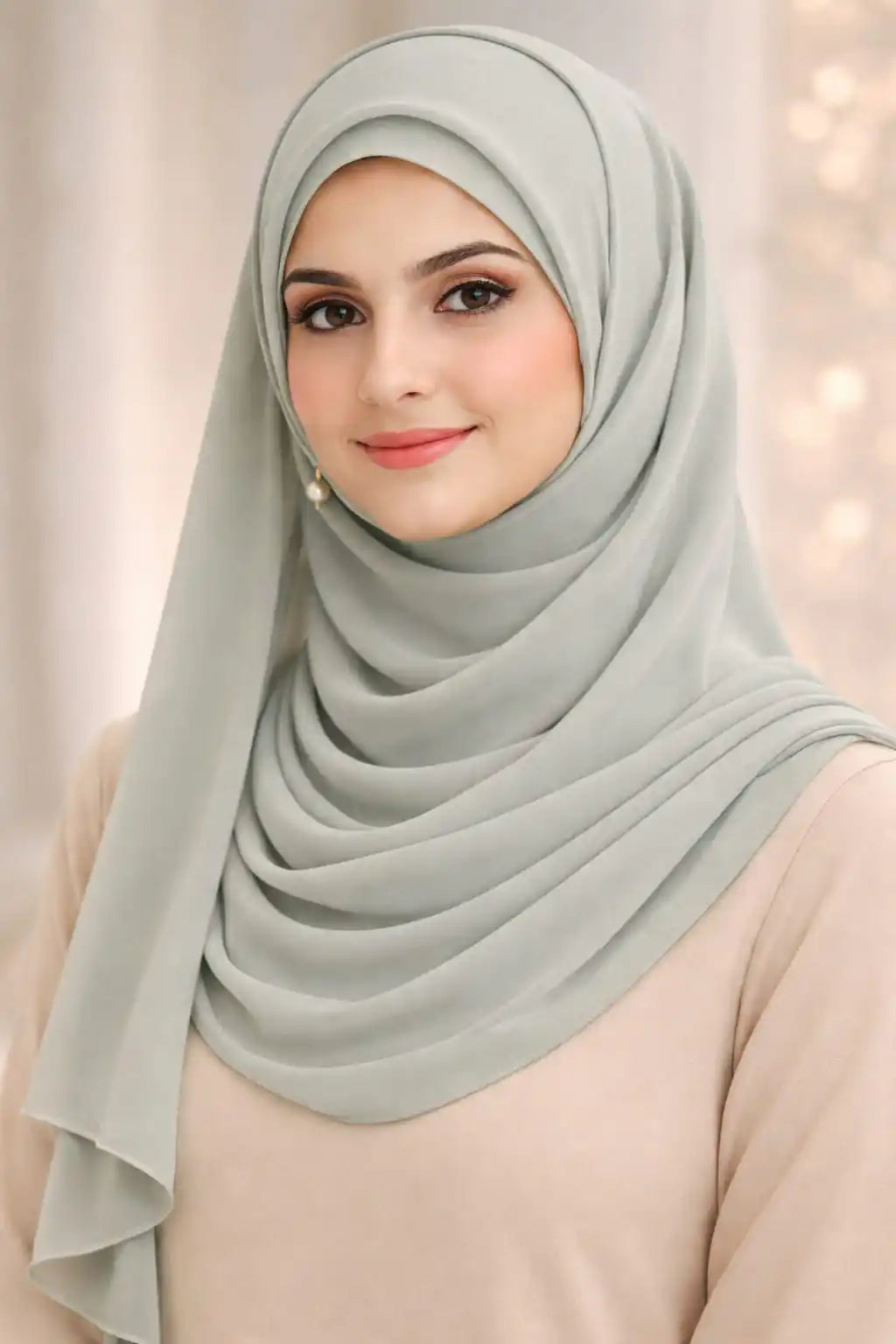 Light grey Marjeena premium jersey hijab draped neatly, showcasing soft, breathable fabric and elegant style.