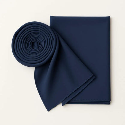 Marjeena navy blue premium jersey hijab draped elegantly, showcasing soft fabric and stylish design for modest fashion.