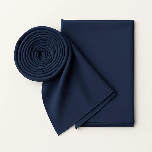 Marjeena navy blue premium jersey hijab draped elegantly, showcasing soft fabric and stylish design for modest fashion.