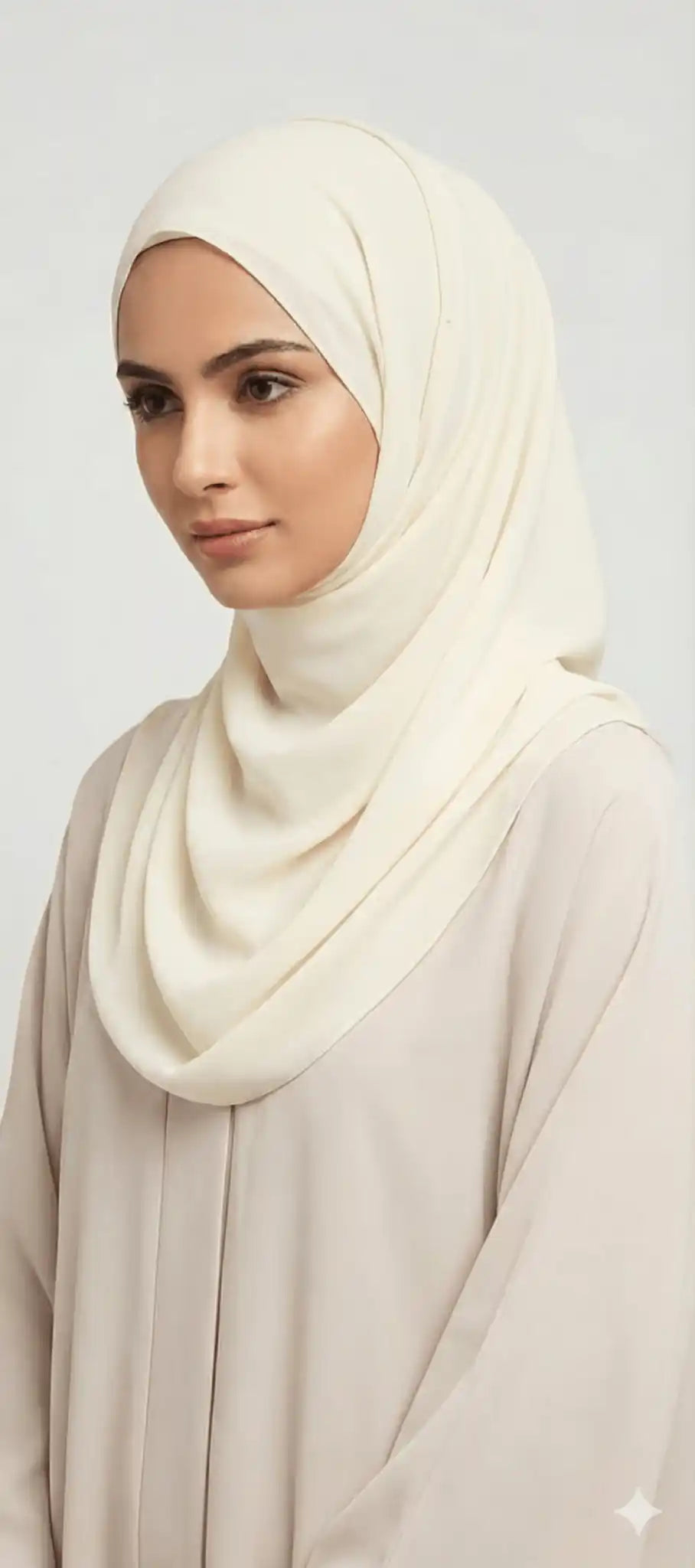 Marjeena off-white premium jersey hijab, soft and lightweight scarf with a smooth texture, worn draped over the shoulders.