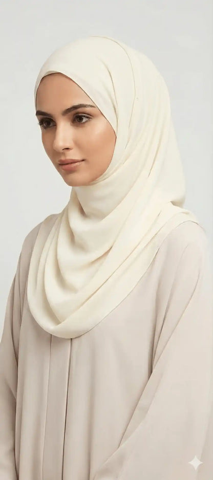 Marjeena off-white premium jersey hijab, soft and lightweight scarf with a smooth texture, worn draped over the shoulders.