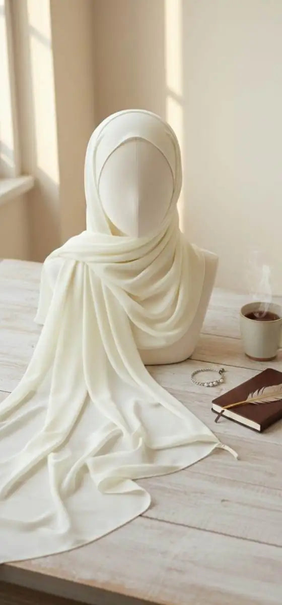 Off-white Marjeena premium jersey hijab draped elegantly, showcasing soft fabric and simple style perfect for everyday wear.