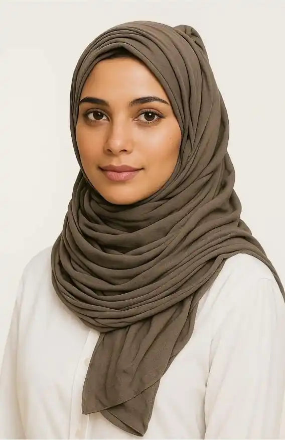 Marjeena Olive Brown Premium Jersey Hijab, soft and stylish scarf made from comfortable jersey fabric in olive brown color.