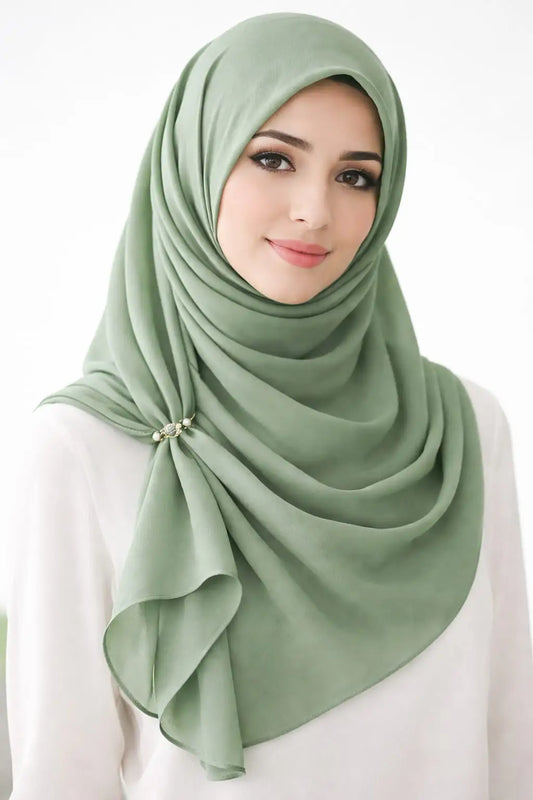 Olive green Marjeena premium jersey hijab styled as a scarf, featuring soft, comfortable fabric and elegant drape.