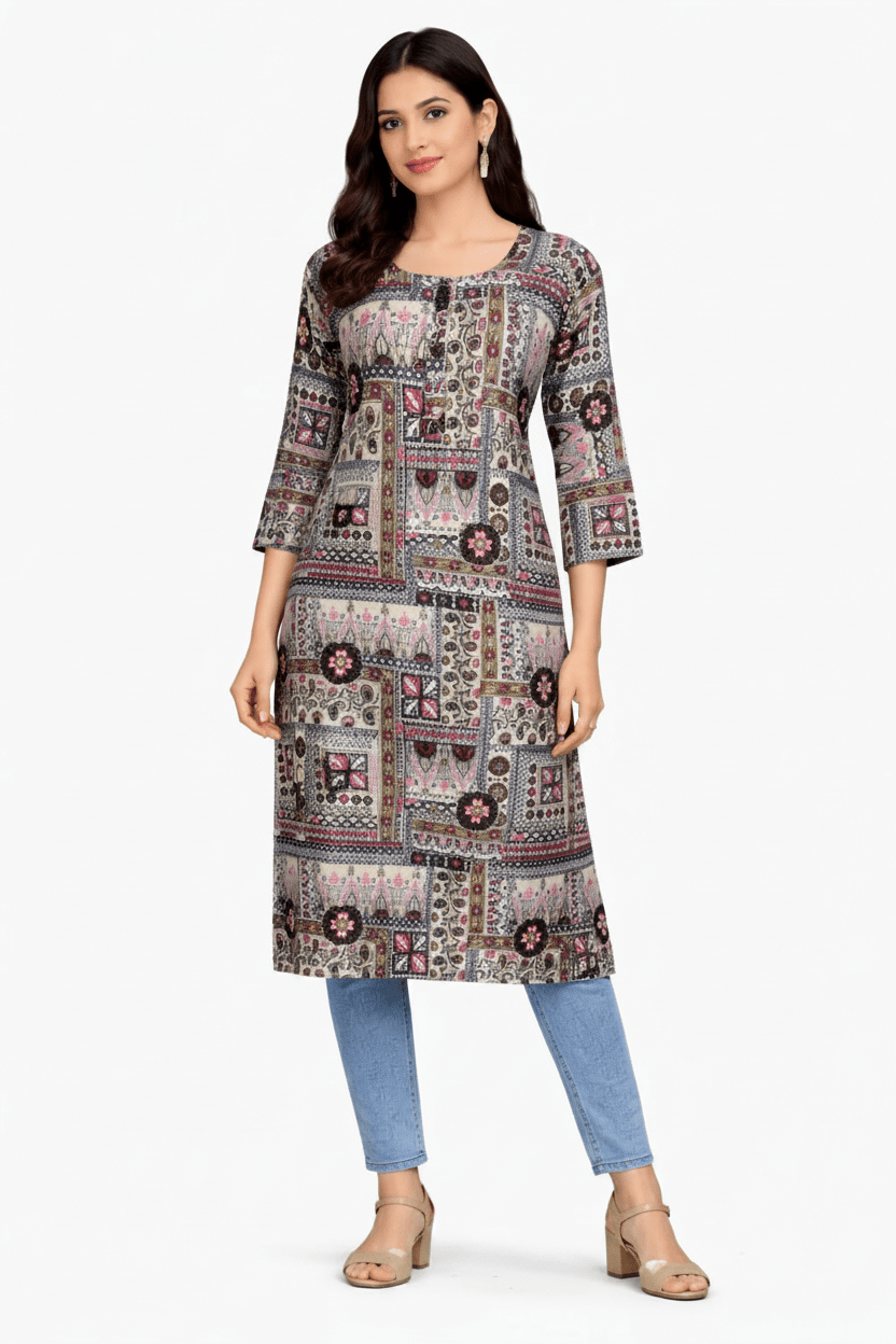 Marjeena women's grey geometric abstract printed cotton kurti, casual ethnic wear with modern design and comfortable fit.