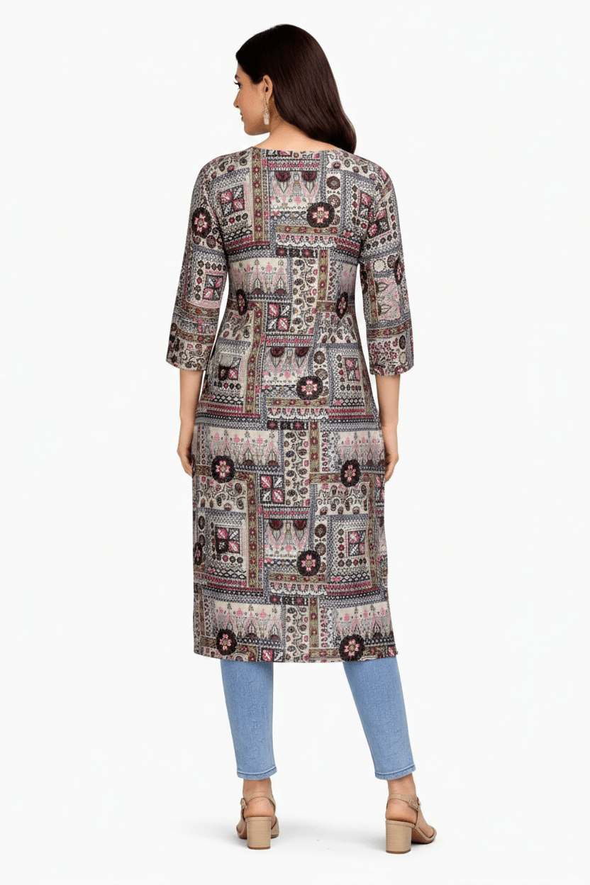 Marjeena women's grey cotton kurti with geometric abstract print, stylish and comfortable for casual wear.