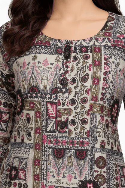 Marjeena women's grey cotton kurti with geometric abstract print, featuring a stylish, comfortable design for casual wear.