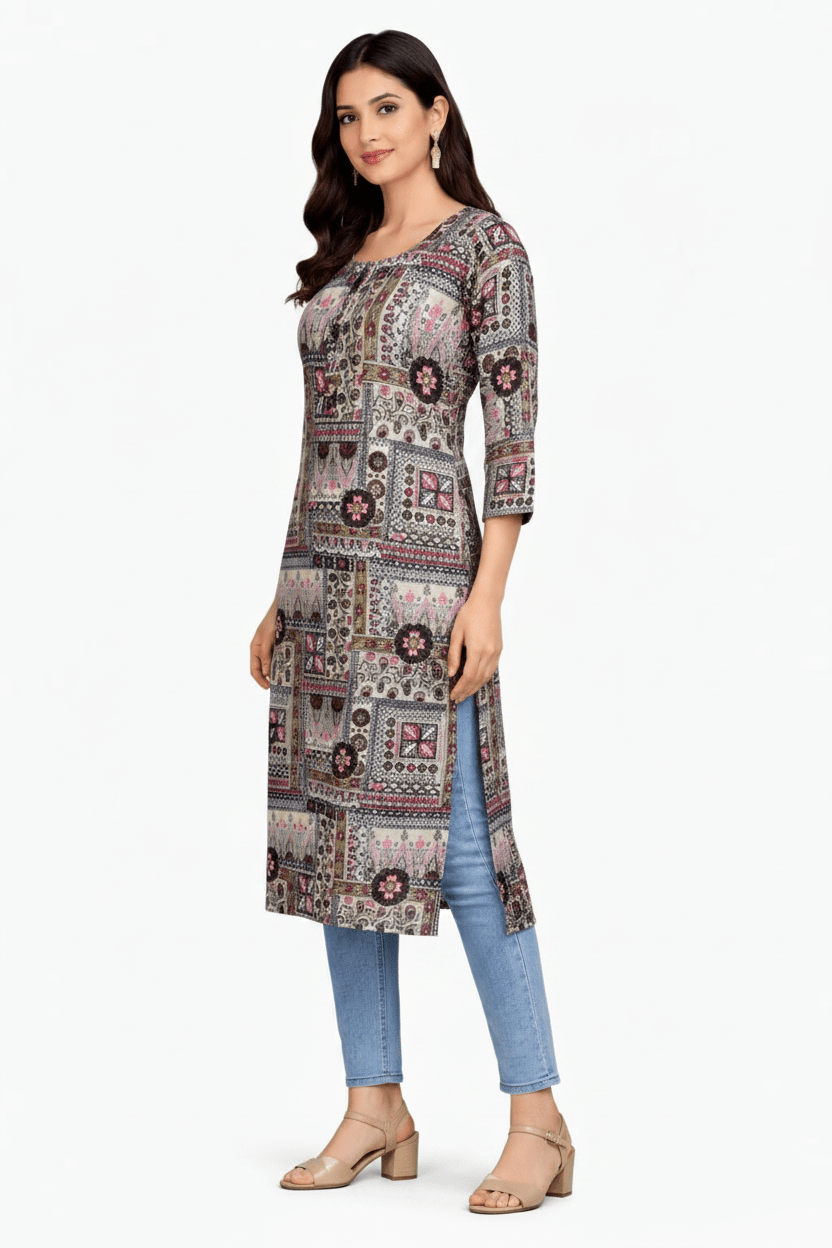 Marjeena women's grey cotton kurti with geometric abstract print, casual ethnic wear for women.