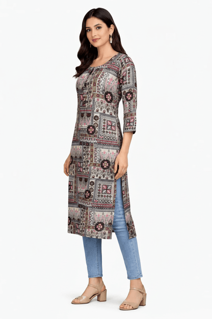 Marjeena women's grey cotton kurti with geometric abstract print, casual ethnic wear for women.