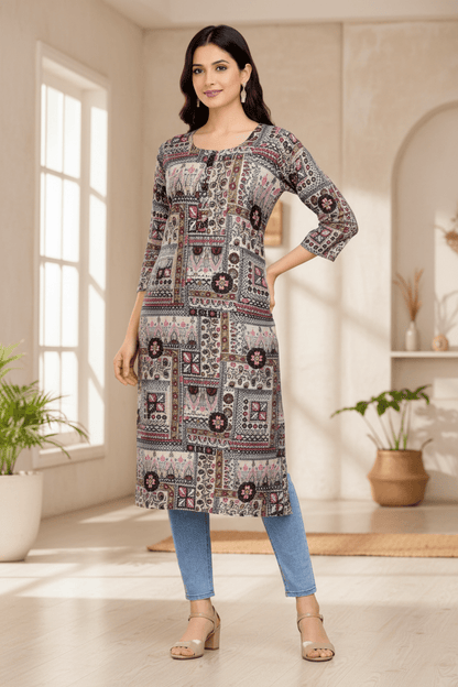 Marjeena women's grey cotton kurti with geometric abstract printed design, featuring a comfortable, stylish fit.