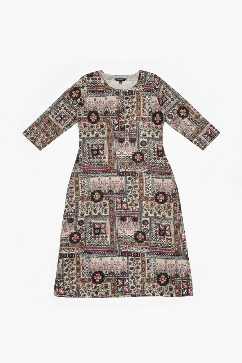 Marjeena women's grey cotton kurti with geometric abstract print, long sleeve, comfortable traditional Indian attire.