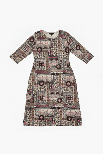 Marjeena women's grey cotton kurti with geometric abstract print, long sleeve, comfortable traditional Indian attire.