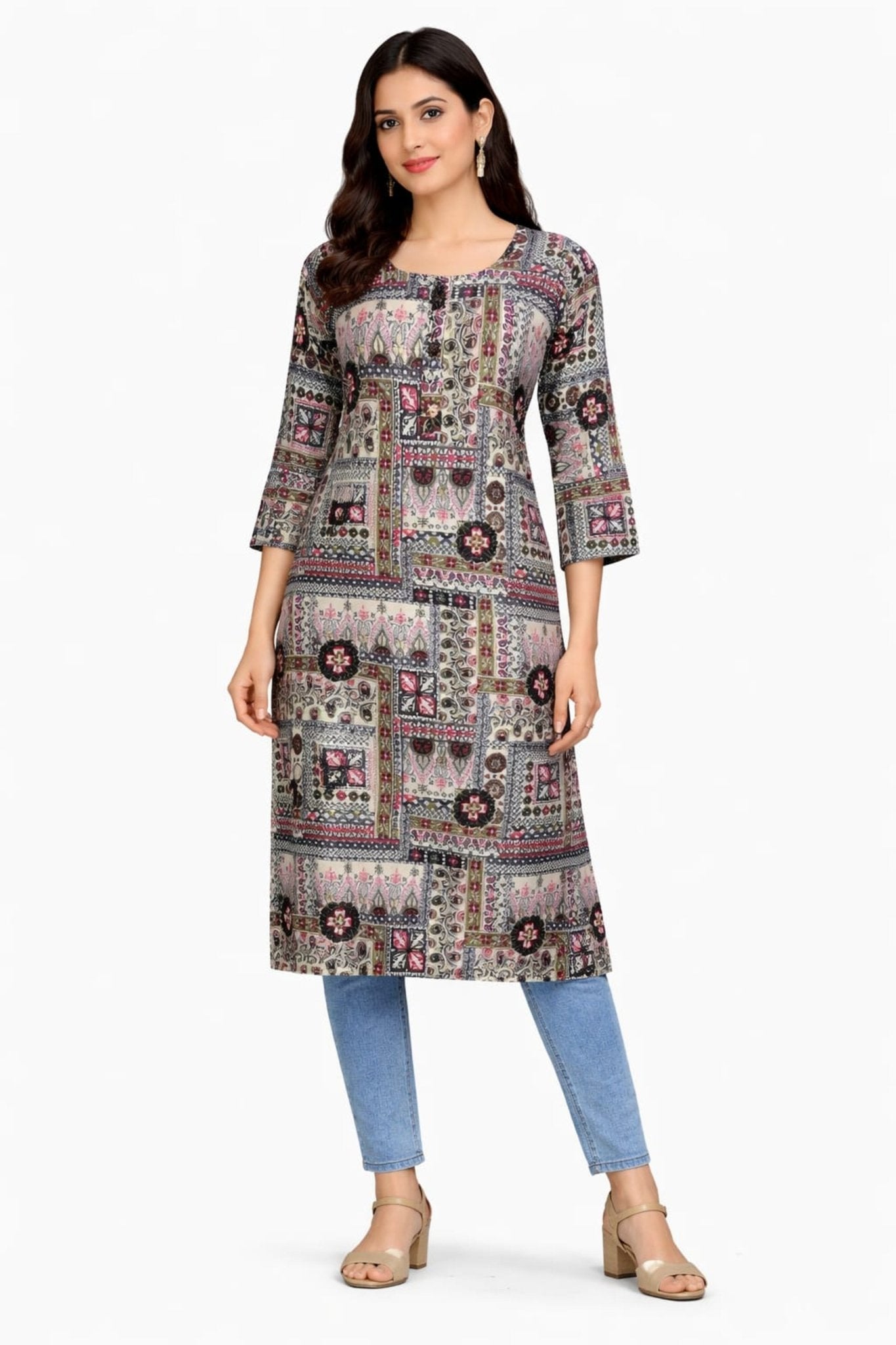 Marjeena women's grey cotton kurti with geometric abstract printed design, casual and comfortable ethnic wear for women.