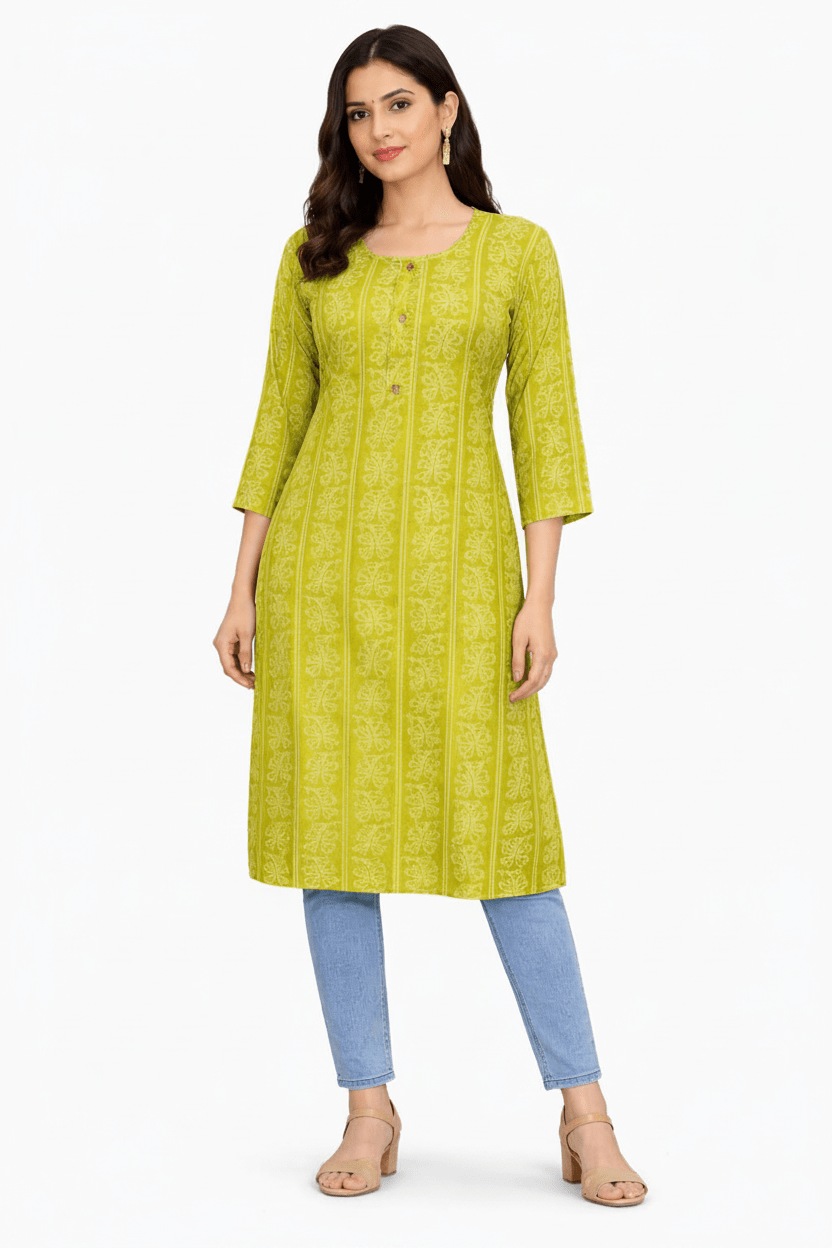 Lime green ethnic printed cotton Kurti for women by Marjeena, featuring a straight fit and traditional design.