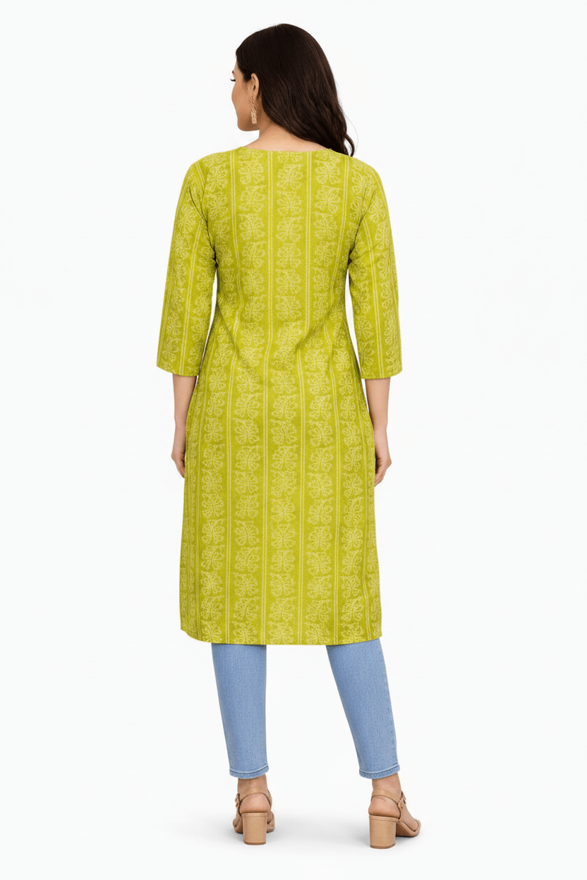 Marjeena women's lime green ethnic printed straight cotton kurti with traditional design and vibrant color.