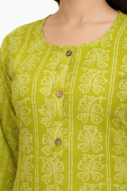 Marjeena women's lime green ethnic printed straight cotton kurti with intricate patterns and traditional design.