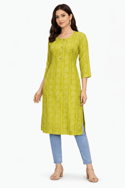 Lime green ethnic printed cotton Kurti for women by Marjeena, featuring a straight fit and vibrant traditional design.