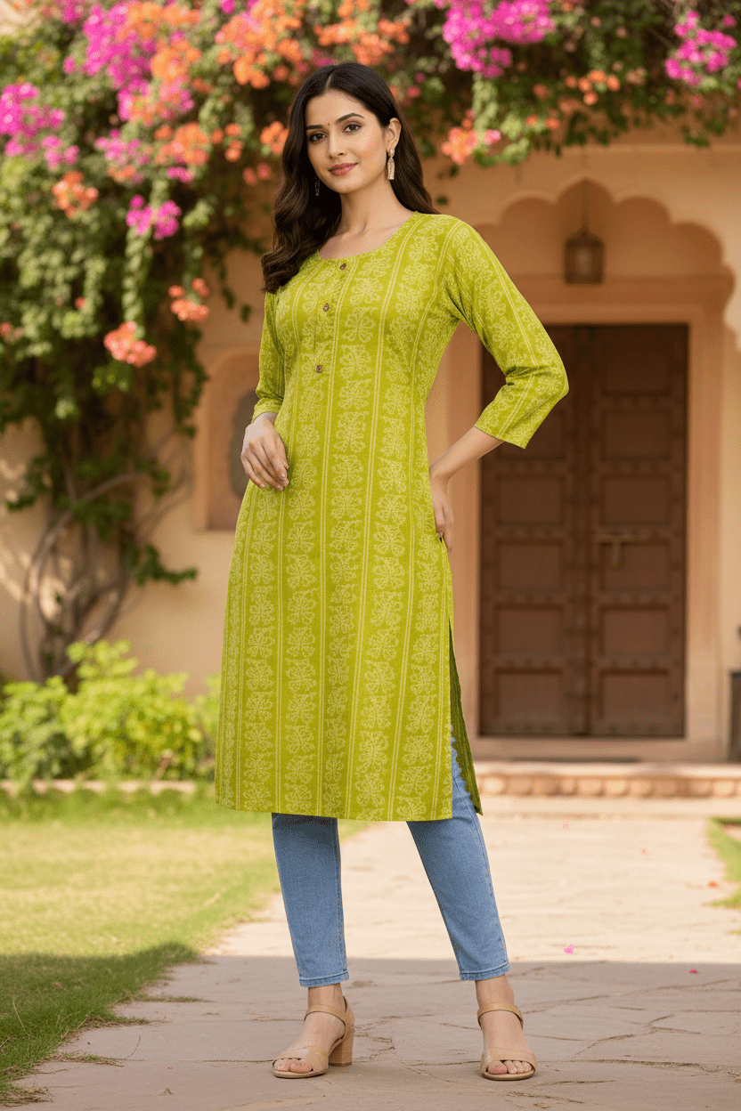 Marjeena women's lime green ethnic printed straight cotton kurti with traditional design and vibrant color.