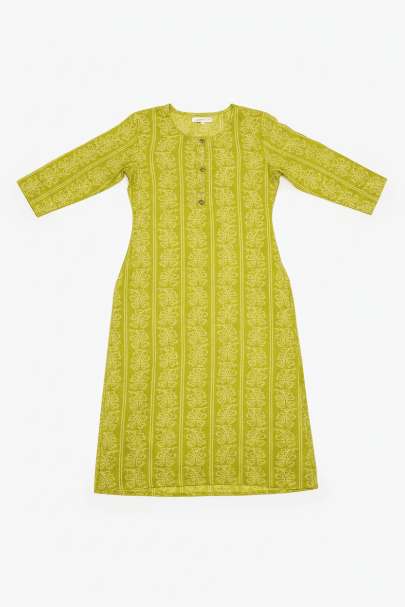 Marjeena women's lime green ethnic printed cotton kurti with straight fit and traditional design, showcasing vibrant patterns and fabric texture.