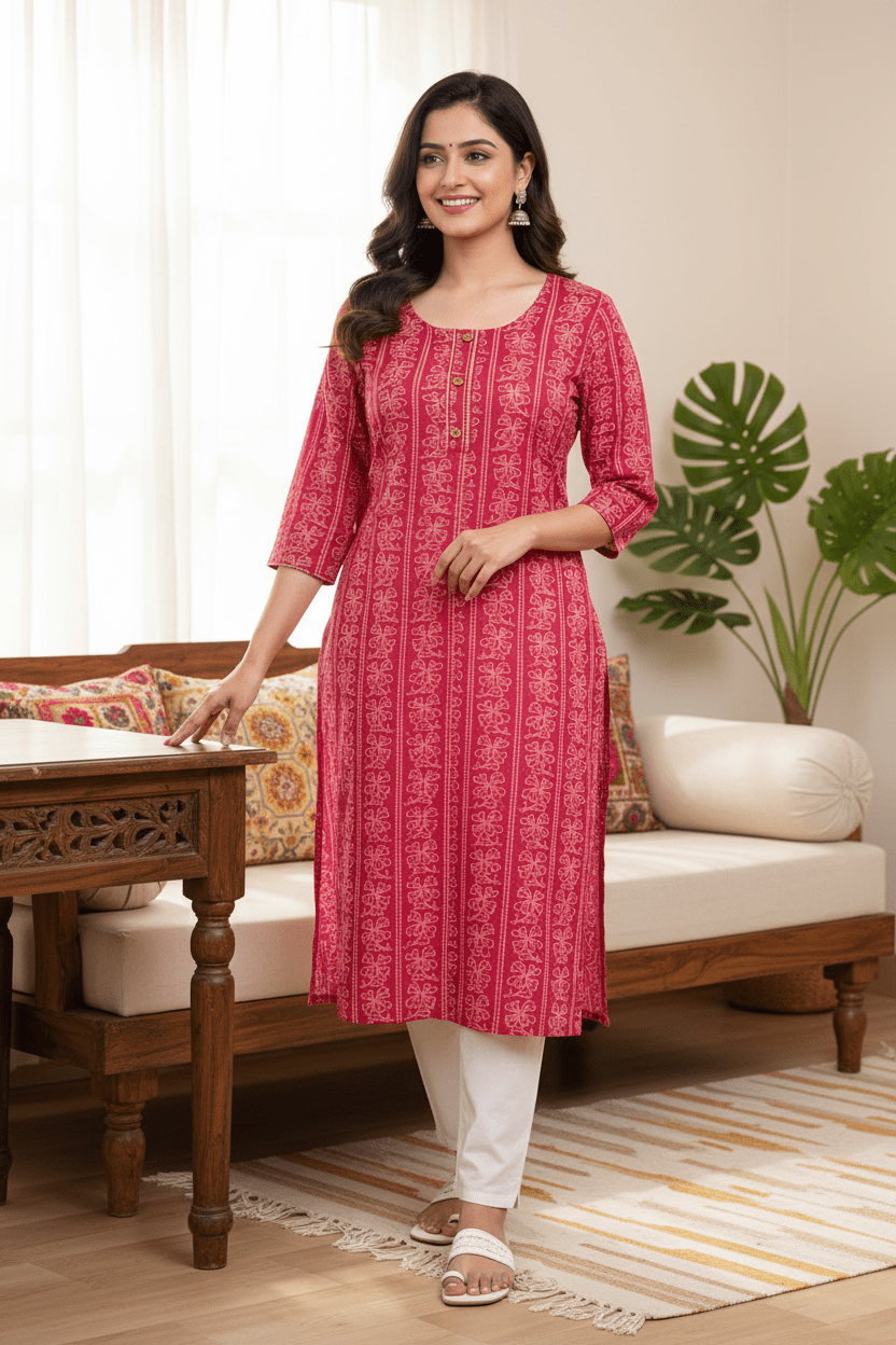 Marjeena women's magenta ethnic printed straight cotton kurti with traditional design and comfortable fit.
