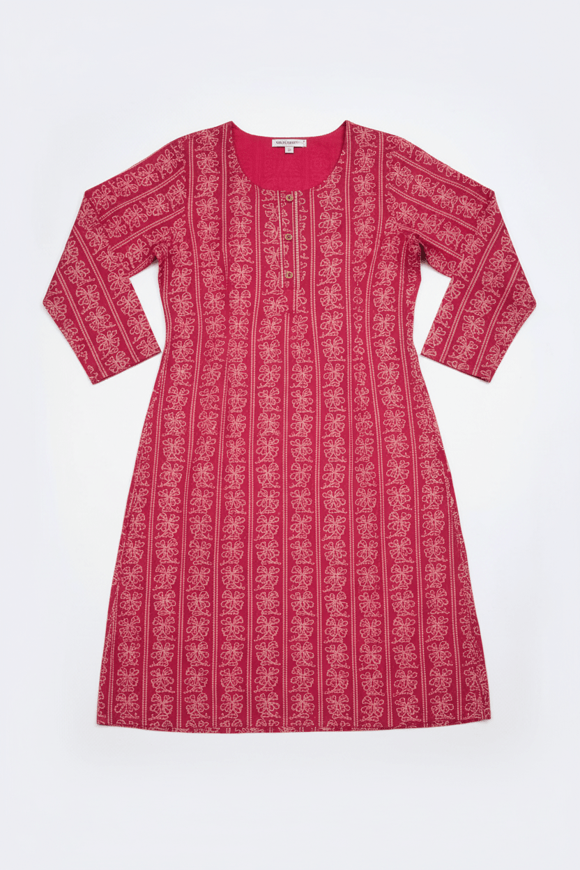 Marjeena women's magenta ethnic printed straight cotton kurti with traditional design and vibrant print, casual wear for women.