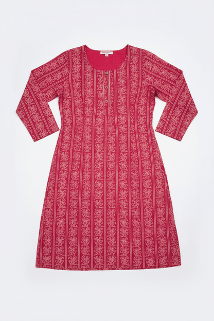 Marjeena women's magenta ethnic printed straight cotton kurti with traditional design and vibrant print, casual wear for women.